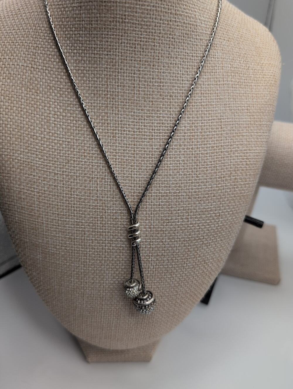 Brighton silver plated twist Lariat style Double Crystal Ball Necklace 18.5"